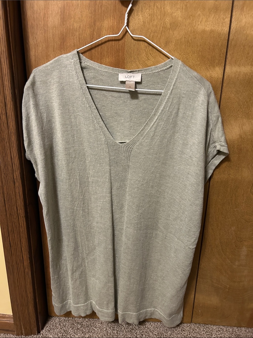 LOFT Sage Green V-Neck Short Sleeve Knit Top